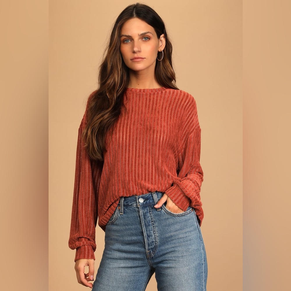 Lulus Weekend Ready Terra Cotta Chenille Striped Sweater Top